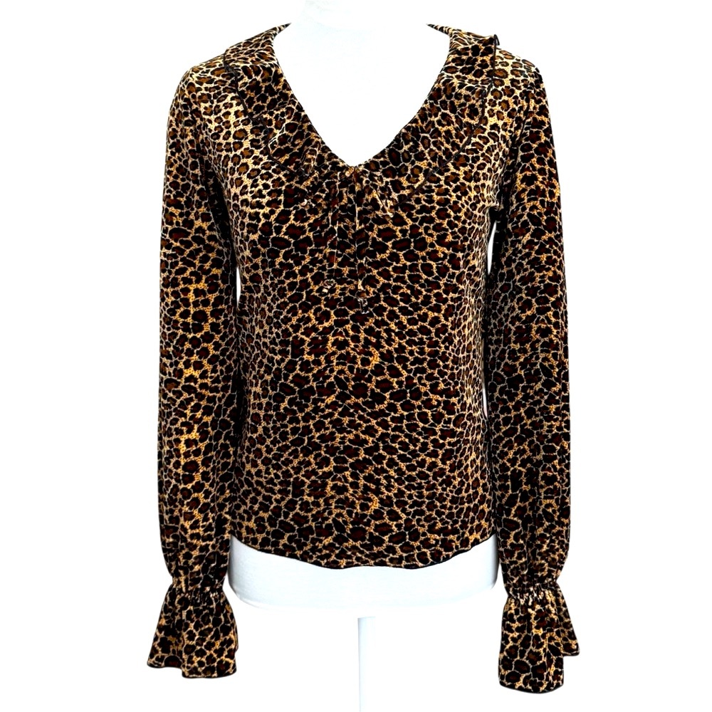 Vintage Susan Lawrence Leopard Print Ruffled Bell Sleeve Blouse. Women's size S